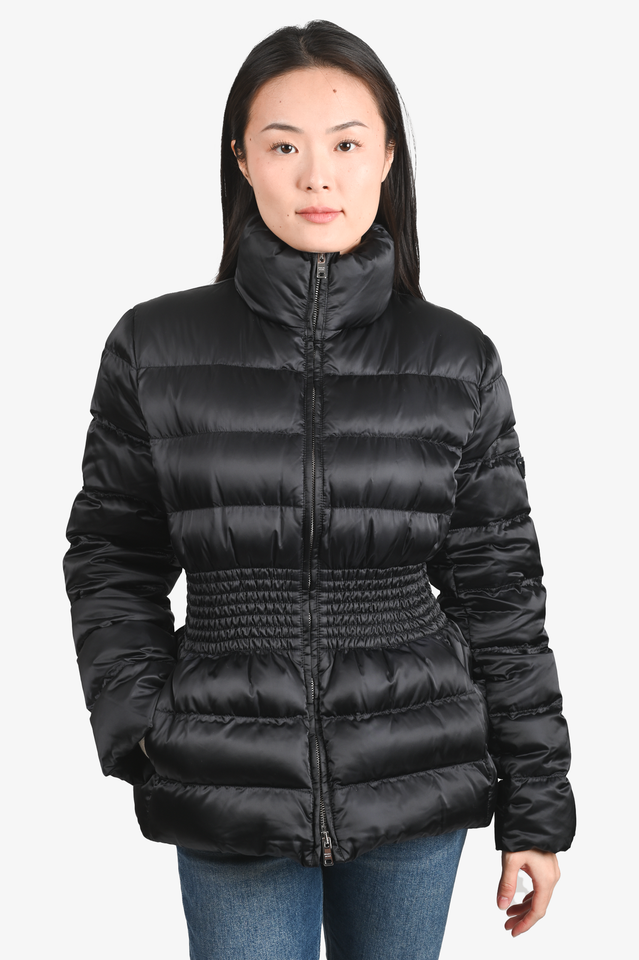 Prada Navy Blue Satin Hooded Down Cinched Jacket Size 46