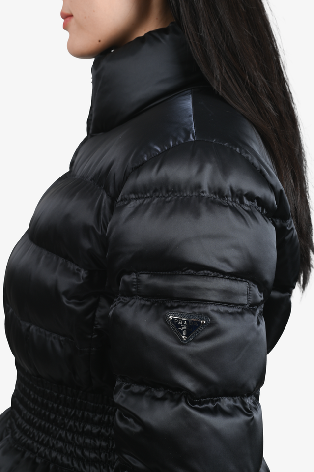 Prada Navy Blue Satin Hooded Down Cinched Jacket Size 46