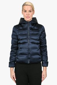 Prada Navy Blue Satin Hooded Down Jacket Size 38
