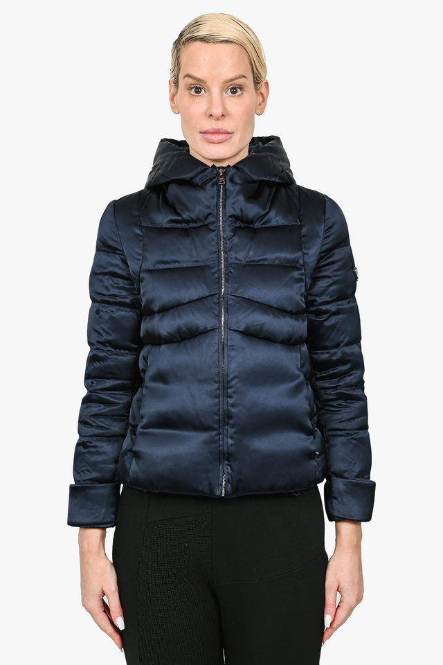 Prada Navy Blue Satin Hooded Down Jacket Size 38