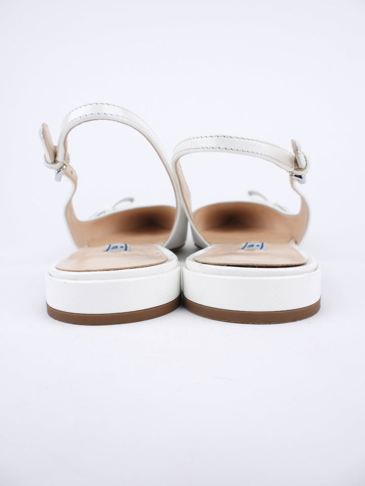 Prada White Shiny Saffiano Leather Bow Accent Slingback Pointed Flats - 40