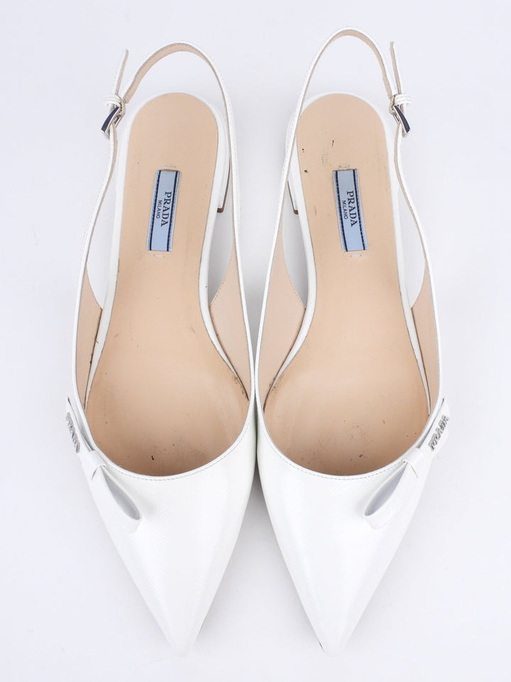 Prada White Shiny Saffiano Leather Bow Accent Slingback Pointed Flats - 40