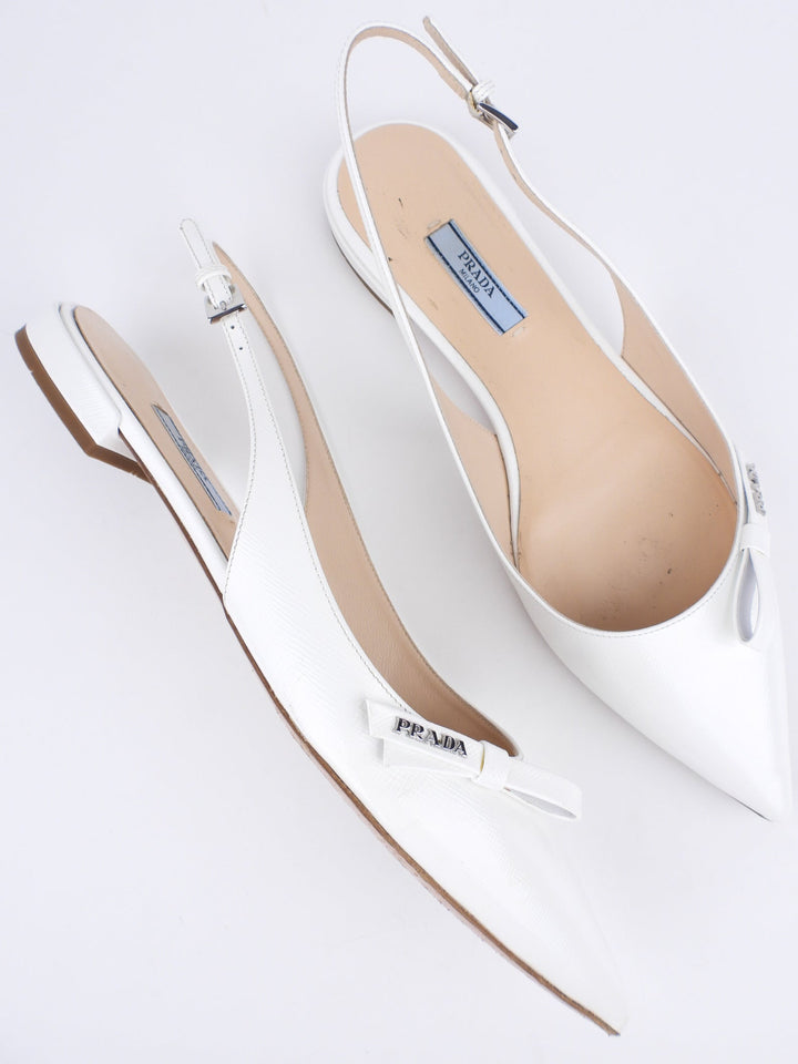 Prada White Shiny Saffiano Leather Bow Accent Slingback Pointed Flats - 40