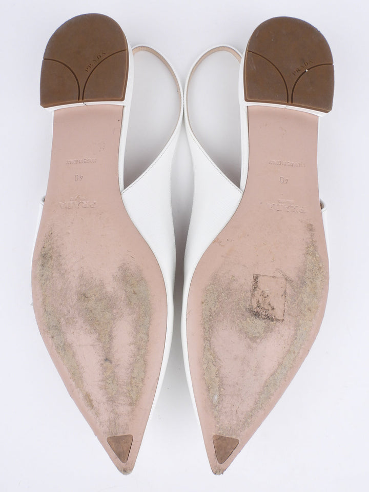 Prada White Shiny Saffiano Leather Bow Accent Slingback Pointed Flats - 40