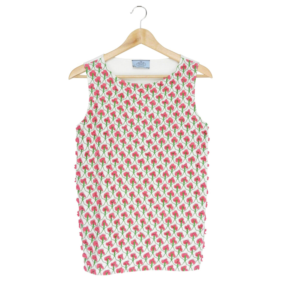 Prada White and Pink Floral Applique Cotton Tank Top - IT42