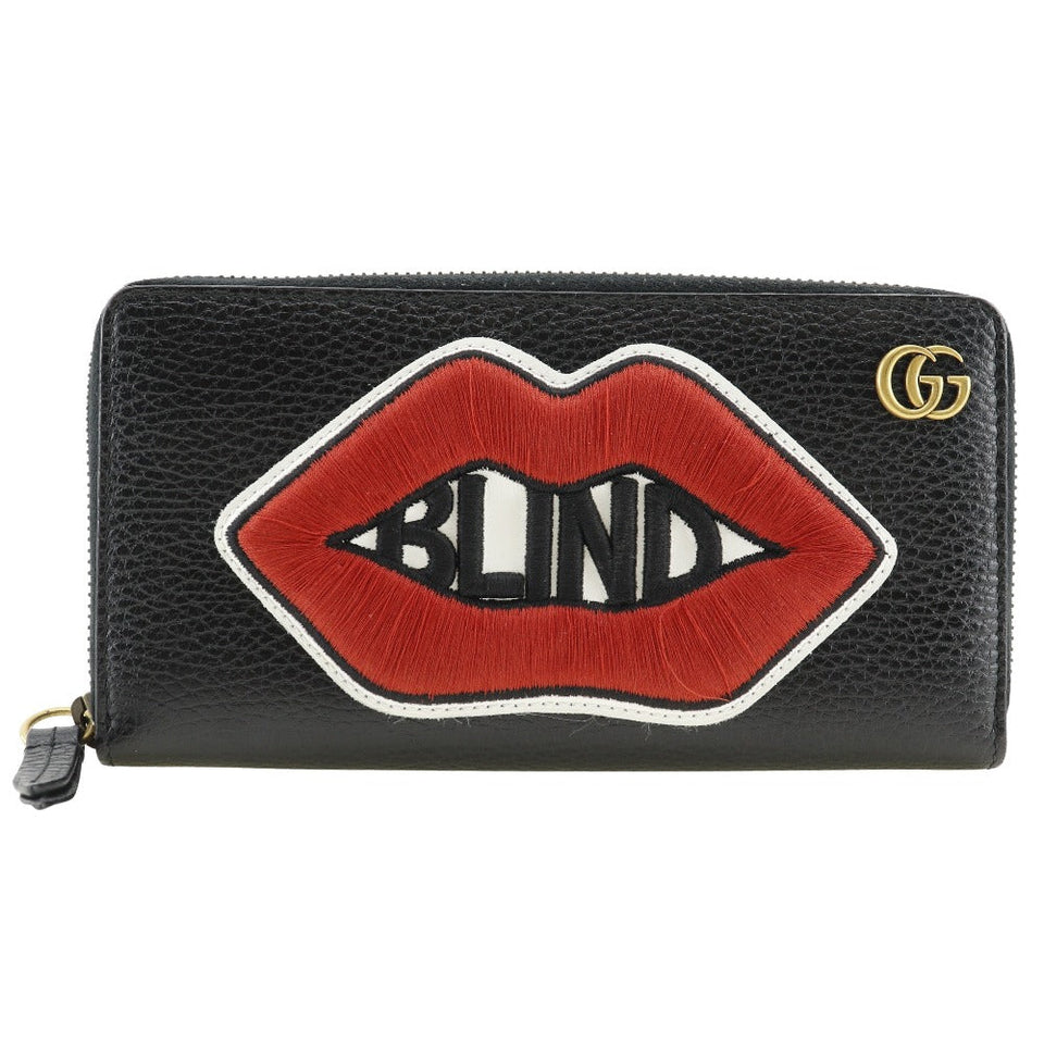 Gucci Long Wallet Purse 474584 leather black GG Marmont Embroidery Zip Around unisex(Unisex)