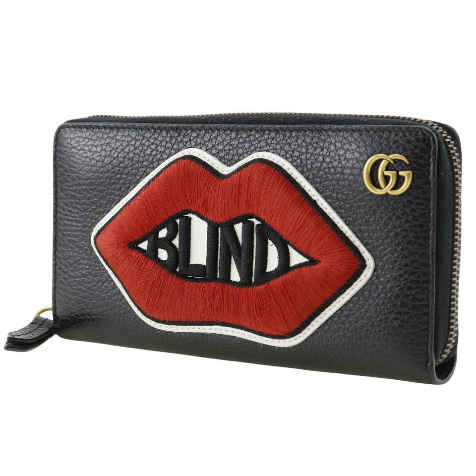 Gucci Long Wallet Purse 474584 leather black GG Marmont Embroidery Zip Around unisex(Unisex)
