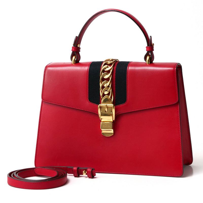 Gucci Handbag 431665 Genuine Leather Red/Metal: Gold/Web ribbon: Navy x Red Sherry line SYLVIE Women