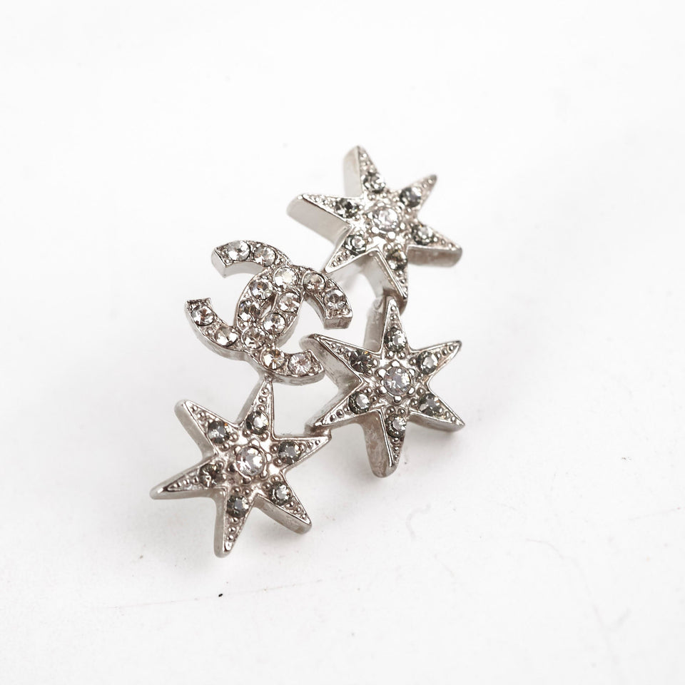Chanel Star Logo Rhinestone Silver Earrings Costume Jewellery