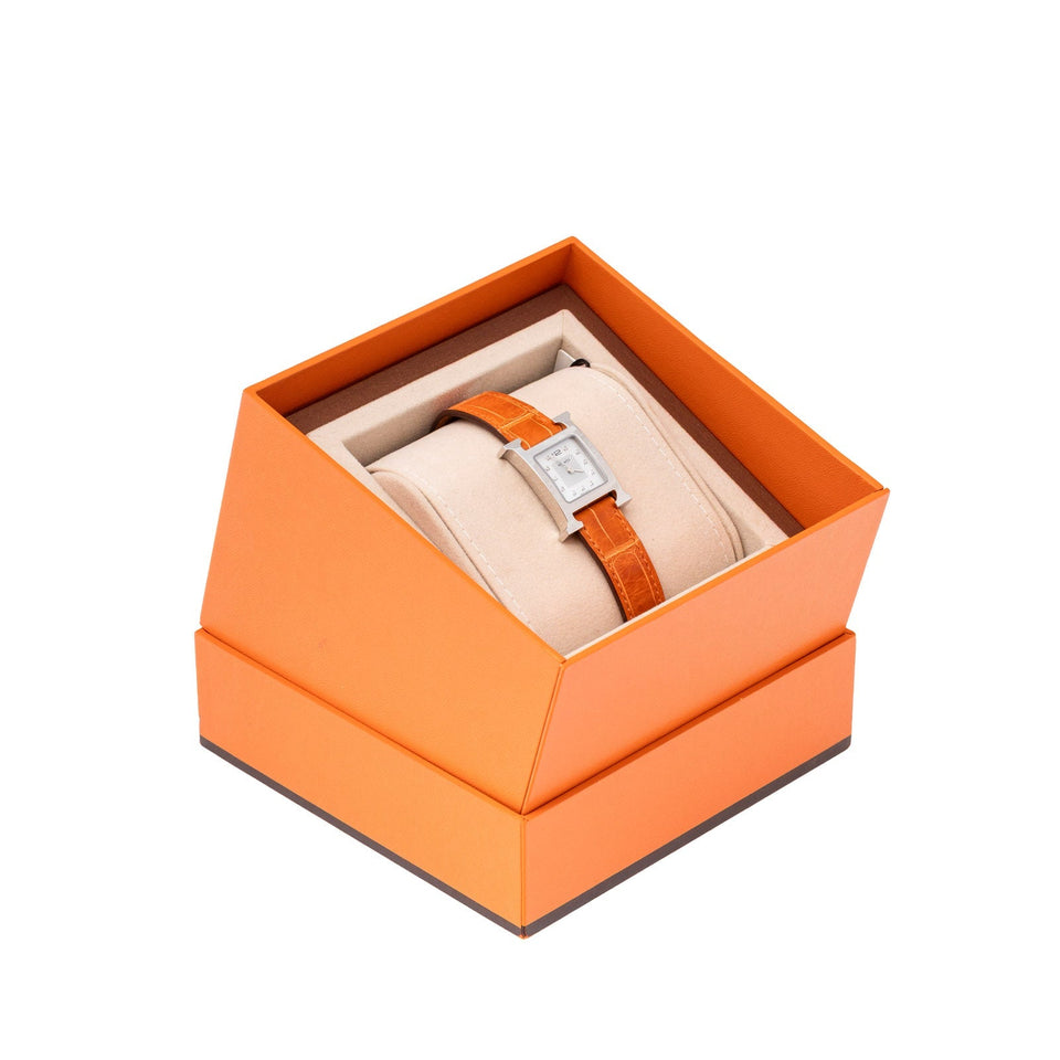 Hermes Heure H Watch 21mm Pearl/Steel Orange Shiny Alligator - Include 2 Alligator Watch Straps