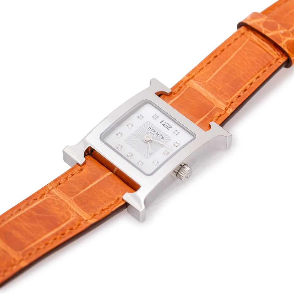 Hermes Heure H Watch 21mm Pearl/Steel Orange Shiny Alligator - Include 2 Alligator Watch Straps