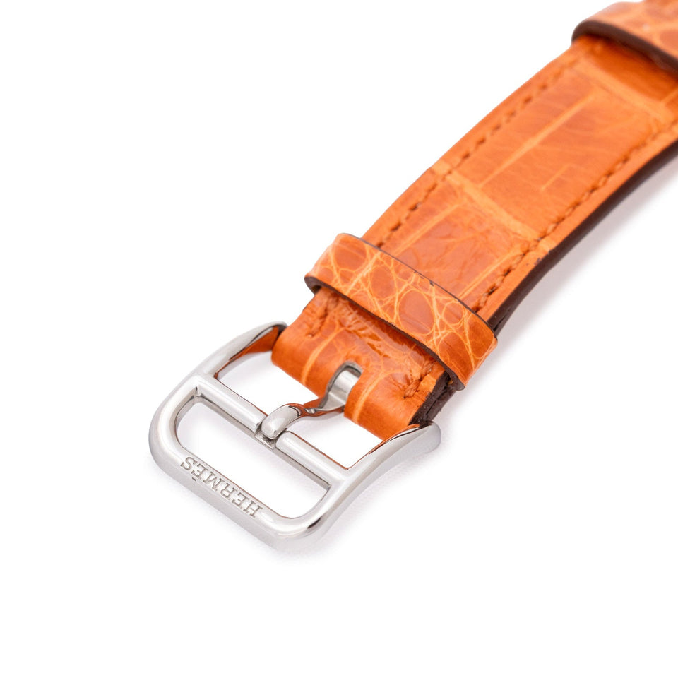 Hermes Heure H Watch 21mm Pearl/Steel Orange Shiny Alligator - Include 2 Alligator Watch Straps