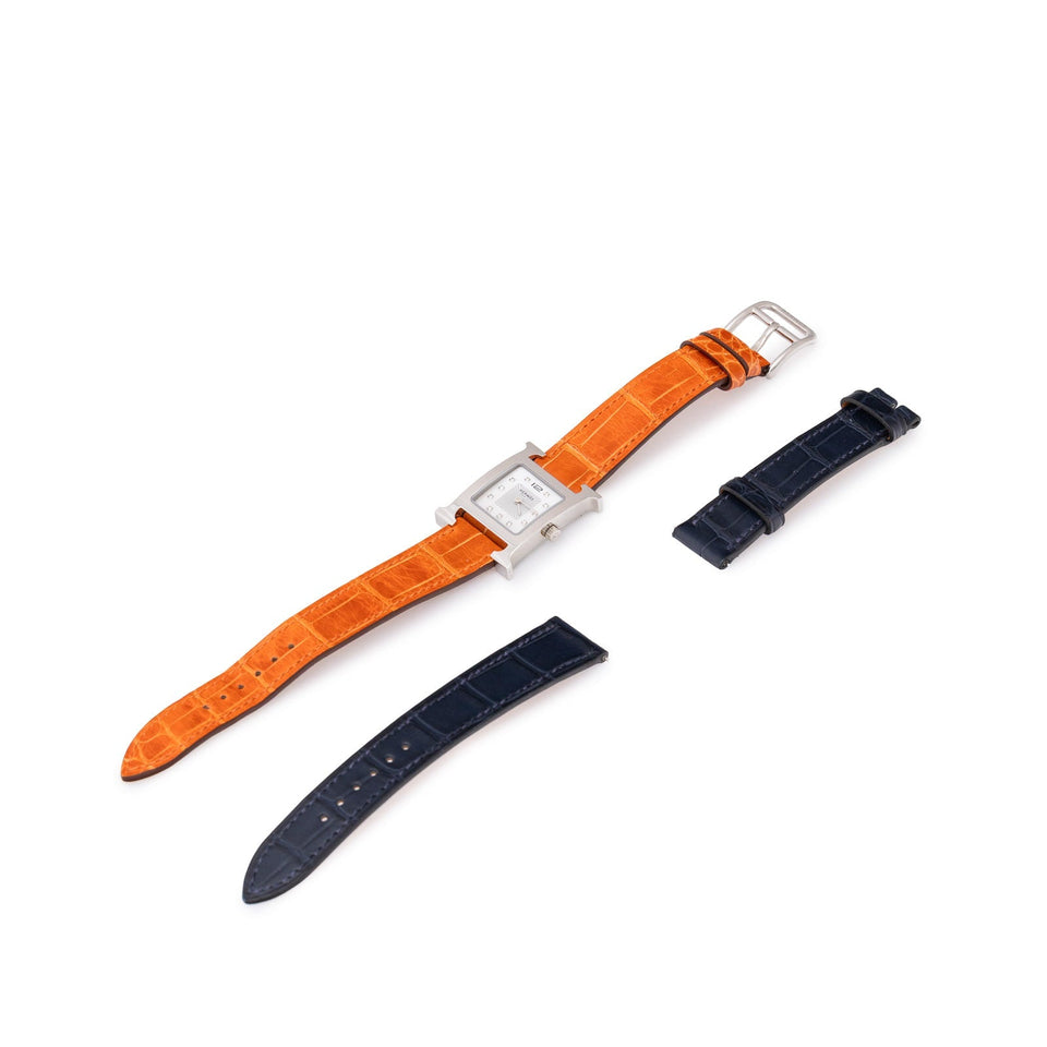 Hermes Heure H Watch 21mm Pearl/Steel Orange Shiny Alligator - Include 2 Alligator Watch Straps