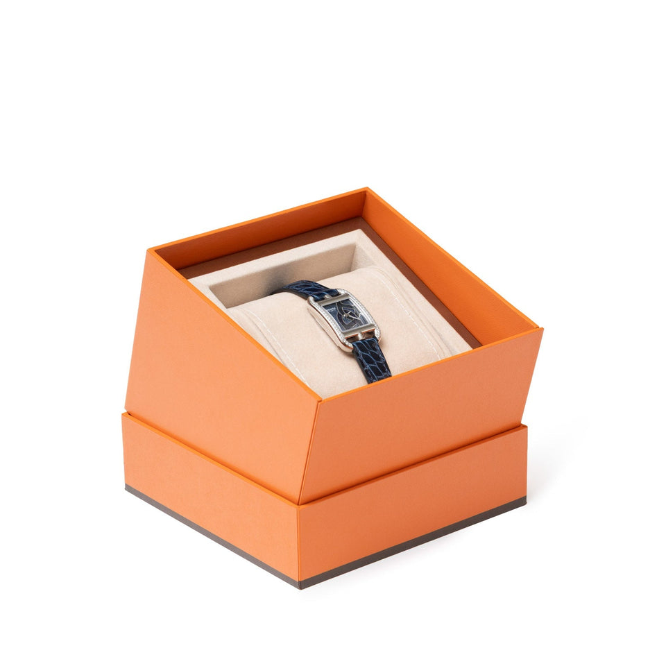 Hermes Cape Cod Diamond Watch Small Model 31mm Steel/Shiny Alligator Blue Saphir