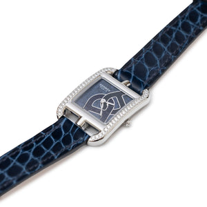 Hermes Cape Cod Diamond Watch Small Model 31mm Steel/Shiny Alligator Blue Saphir
