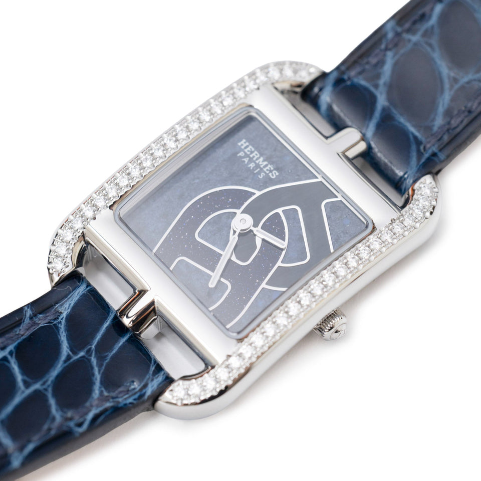 Hermes Cape Cod Diamond Watch Small Model 31mm Steel/Shiny Alligator Blue Saphir