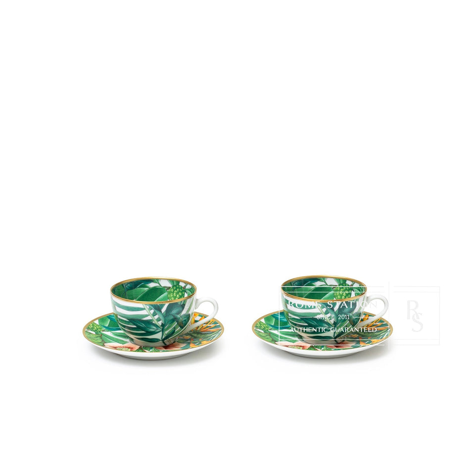 Hermes Passifolia Porcelain Tea Cup and Saucer Green & White 24K Gold & Porcelain Set of 2