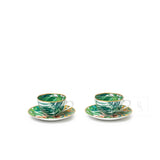 Hermes Passifolia Porcelain Tea Cup and Saucer Green & White 24K Gold & Porcelain Set of 2