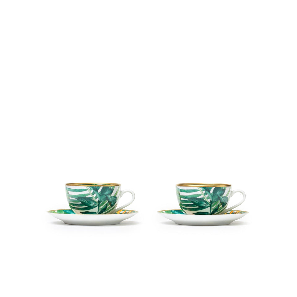 Hermes Passifolia Porcelain Tea Cup and Saucer Green & White 24K Gold & Porcelain Set of 2