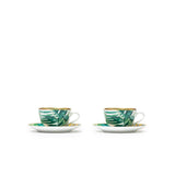 Hermes Passifolia Porcelain Tea Cup and Saucer Green & White 24K Gold & Porcelain Set of 2