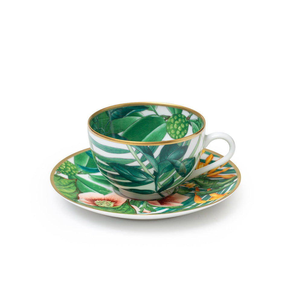 Hermes Passifolia Porcelain Tea Cup and Saucer Green & White 24K Gold & Porcelain Set of 2