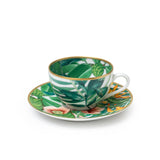 Hermes Passifolia Porcelain Tea Cup and Saucer Green & White 24K Gold & Porcelain Set of 2