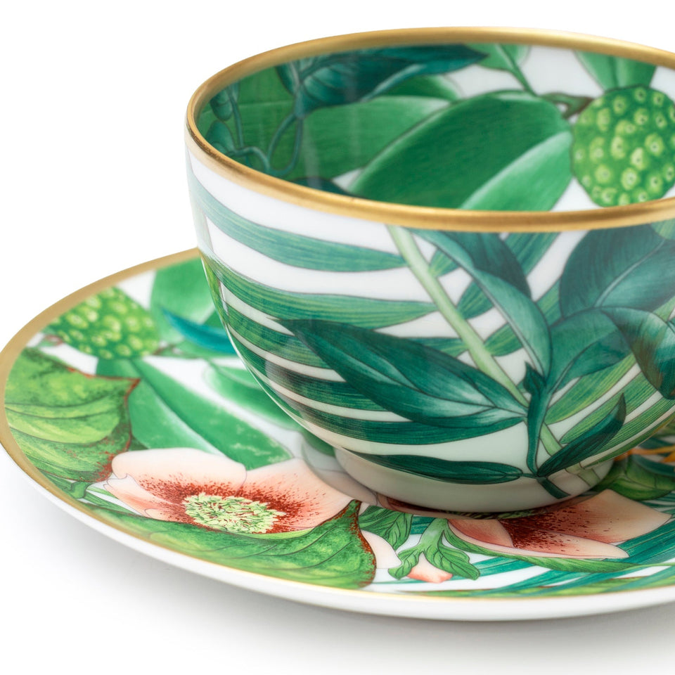 Hermes Passifolia Porcelain Tea Cup and Saucer Green & White 24K Gold & Porcelain Set of 2