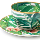 Hermes Passifolia Porcelain Tea Cup and Saucer Green & White 24K Gold & Porcelain Set of 2