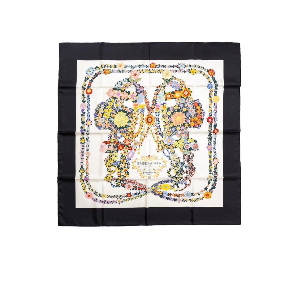 Hermes Brides de Gala en Fleurs Scarf 90 Su/Black/Ivory/Multi