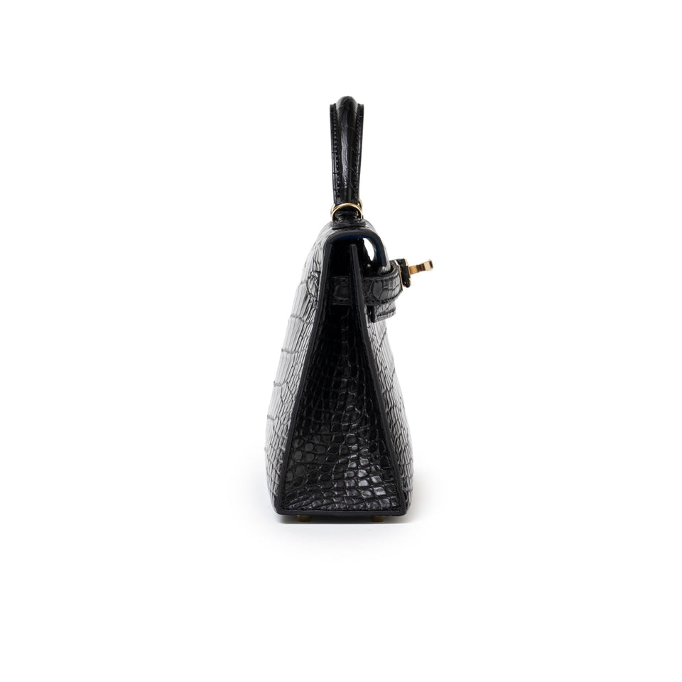 Hermes Special Order HSS Horseshoe Mini Kelly II Black/Blue Matte Alligator Permabrass Hardware
