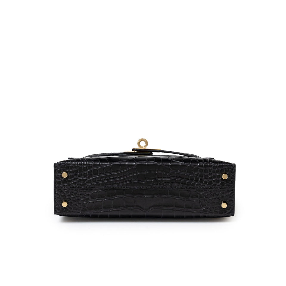 Hermes Special Order HSS Horseshoe Mini Kelly II Black/Blue Matte Alligator Permabrass Hardware