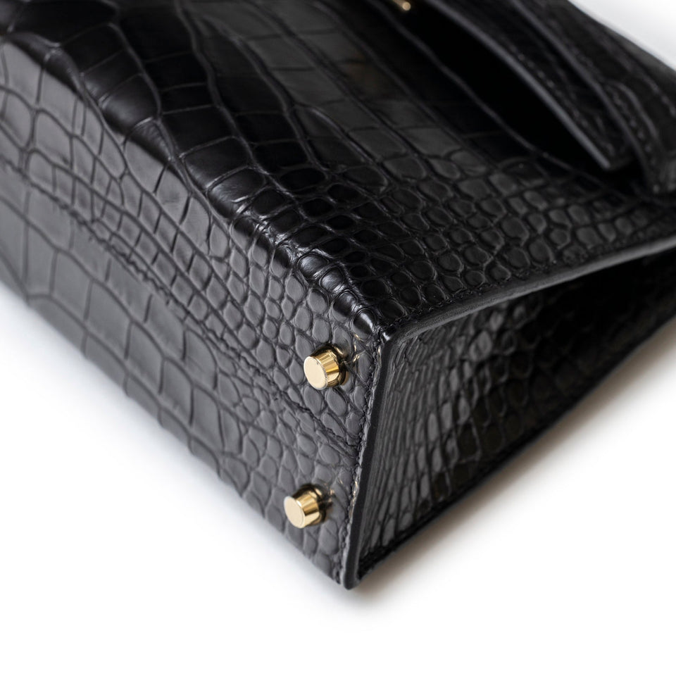 Hermes Special Order HSS Horseshoe Mini Kelly II Black/Blue Matte Alligator Permabrass Hardware