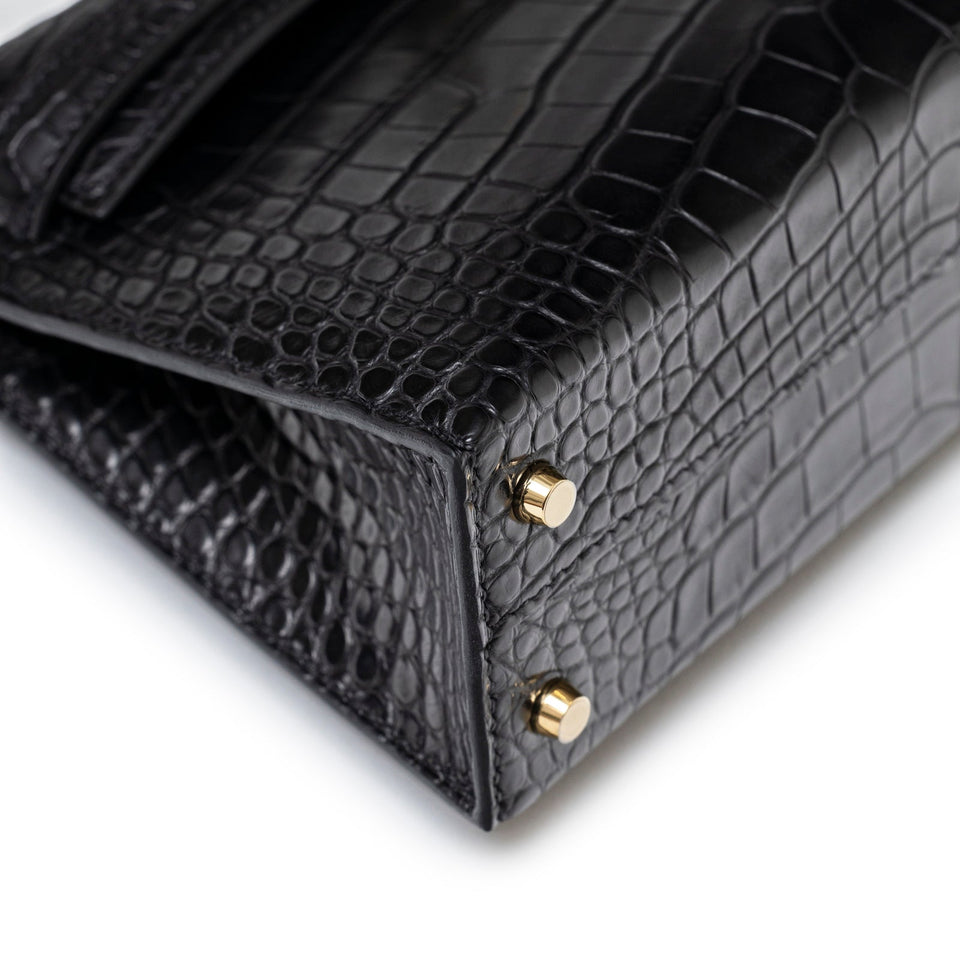 Hermes Special Order HSS Horseshoe Mini Kelly II Black/Blue Matte Alligator Permabrass Hardware