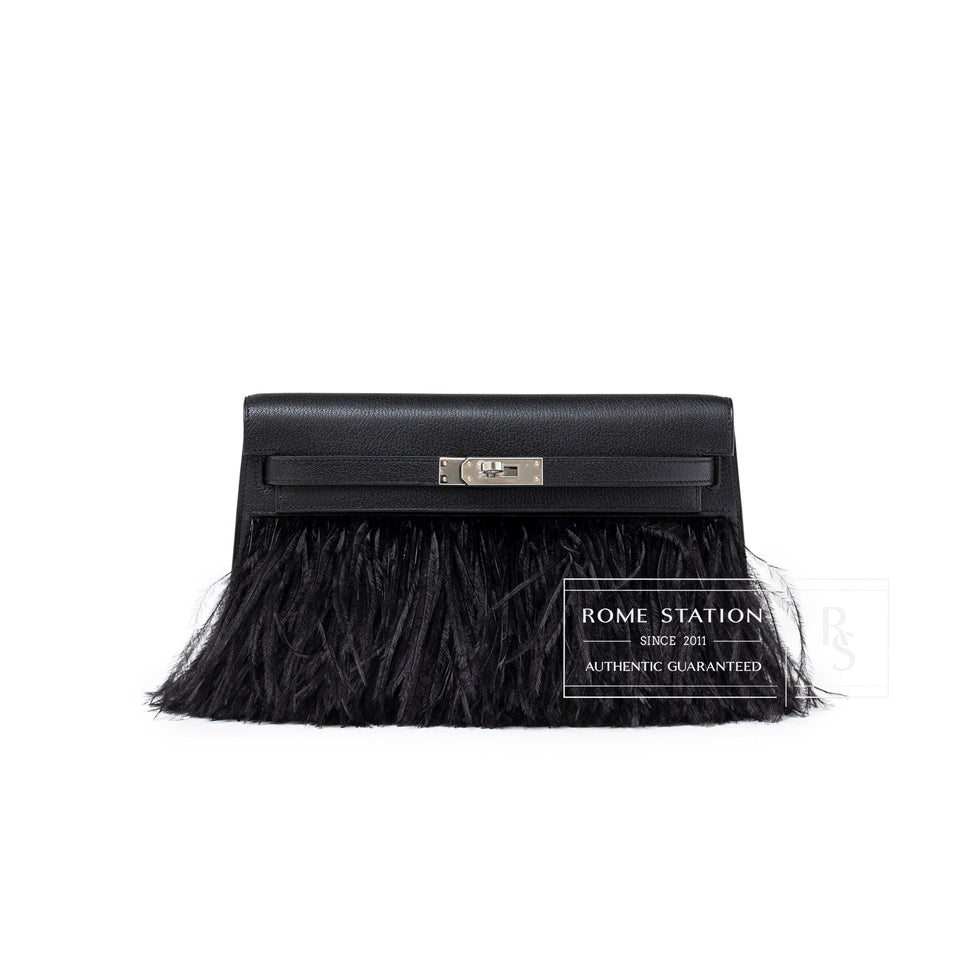 Hermes Kelly Elan Black Chevre Chamkila and Ostrich Feather Palladium Hardware