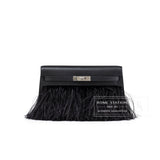 Hermes Kelly Elan Black Chevre Chamkila and Ostrich Feather Palladium Hardware