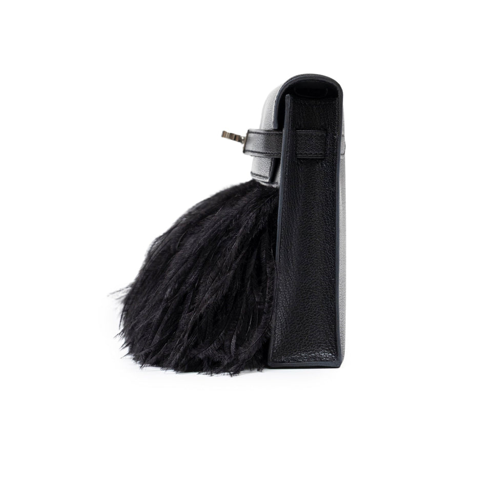 Hermes Kelly Elan Black Chevre Chamkila and Ostrich Feather Palladium Hardware