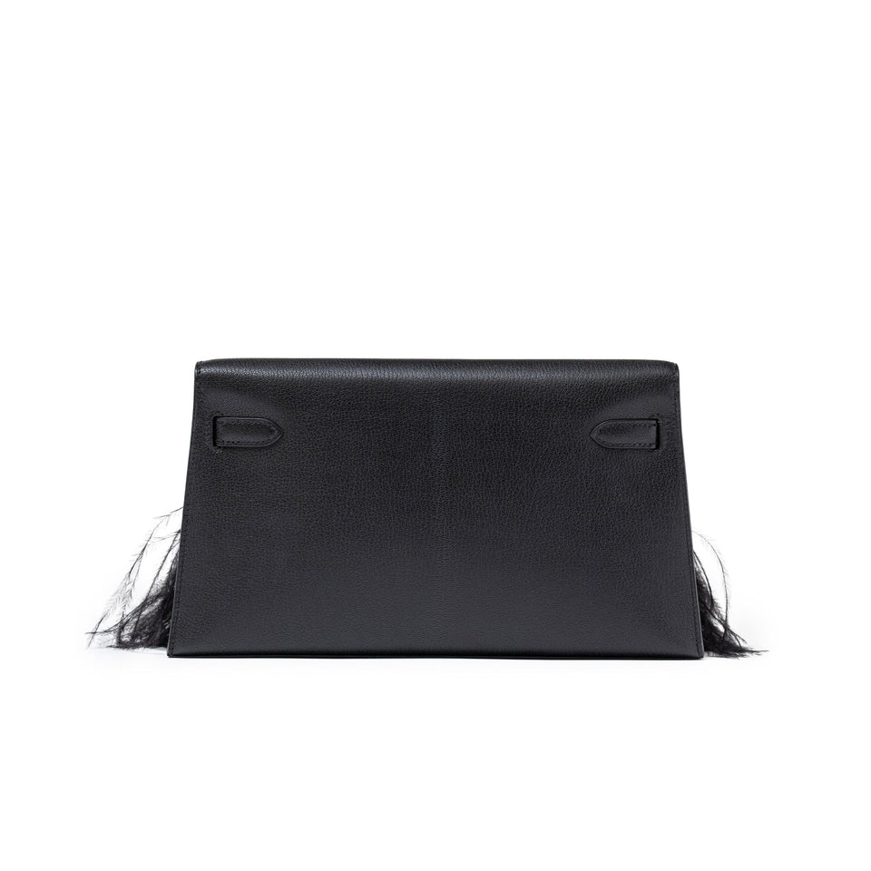 Hermes Kelly Elan Black Chevre Chamkila and Ostrich Feather Palladium Hardware