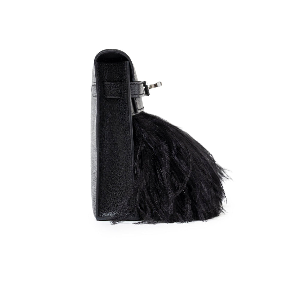 Hermes Kelly Elan Black Chevre Chamkila and Ostrich Feather Palladium Hardware