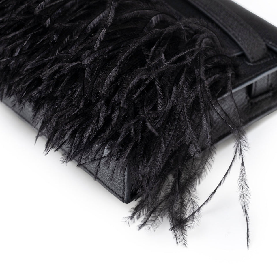 Hermes Kelly Elan Black Chevre Chamkila and Ostrich Feather Palladium Hardware