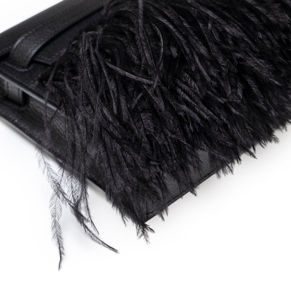 Hermes Kelly Elan Black Chevre Chamkila and Ostrich Feather Palladium Hardware