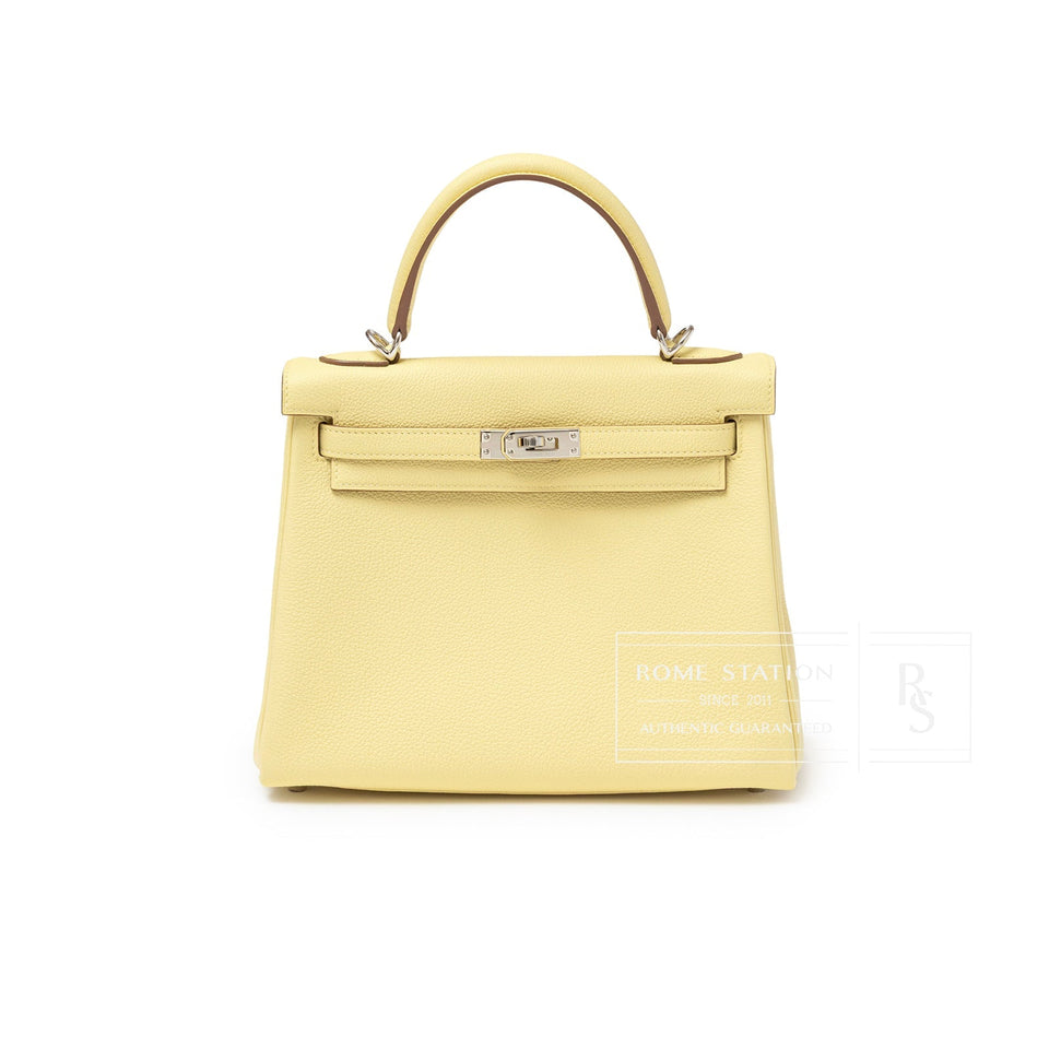 Hermes Kelly 25 Retourne Togo Jaune Poussin Palladium Hardware