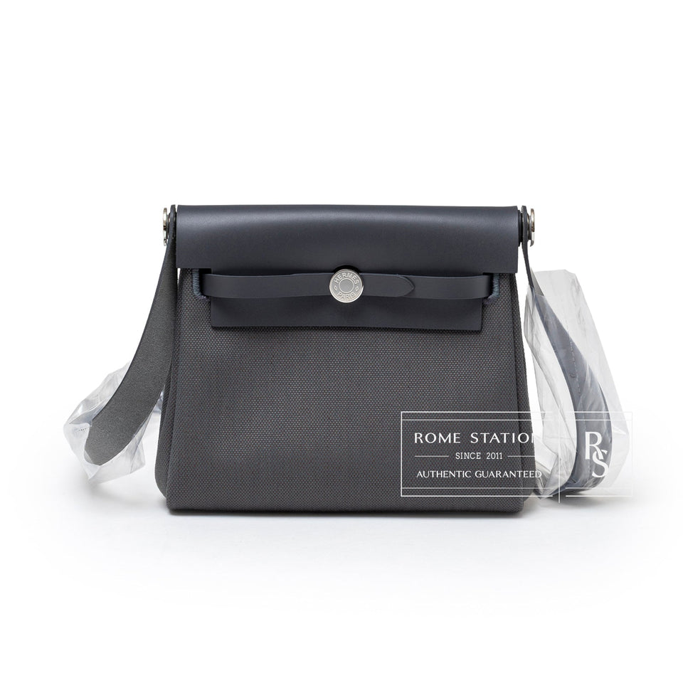 Hermes Mini Herbag Zip 20 Ardoise Toile and Vache Hunter Palladium Hardware