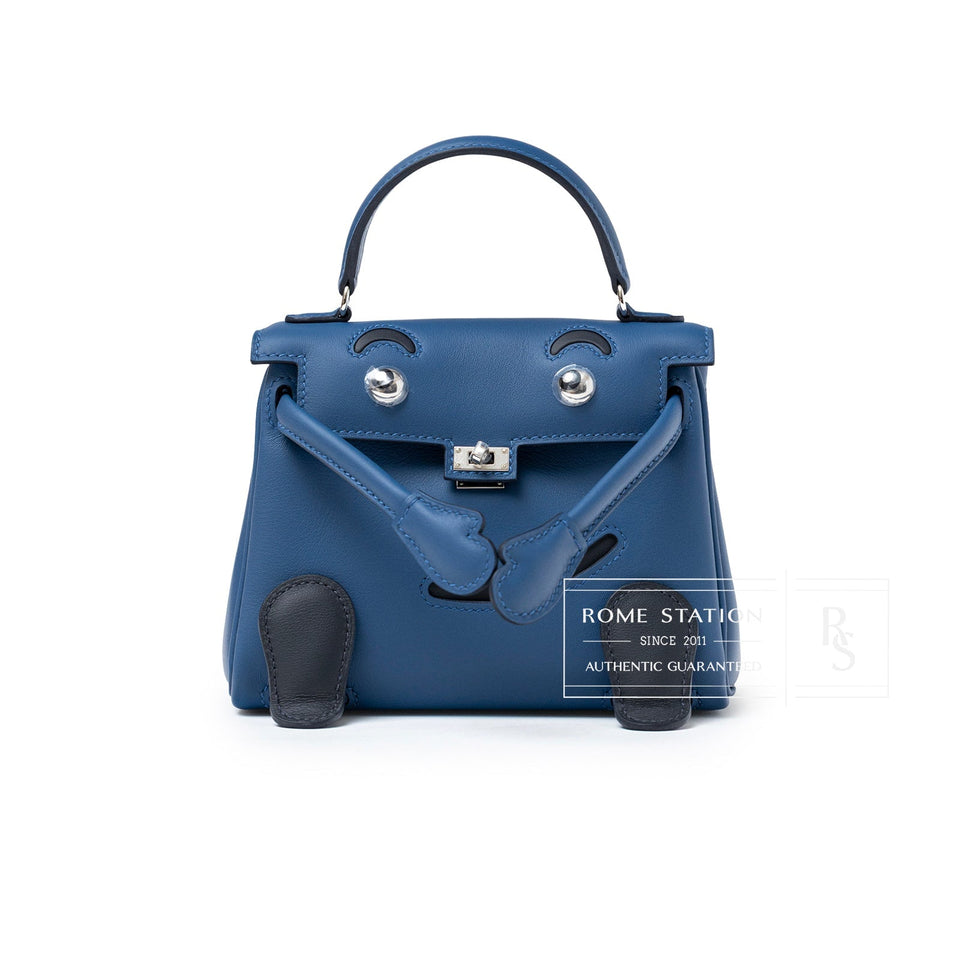 Hermes Quelle Idolle Kelly Doll Blue Tie and Caban Swift Palladium Hardware