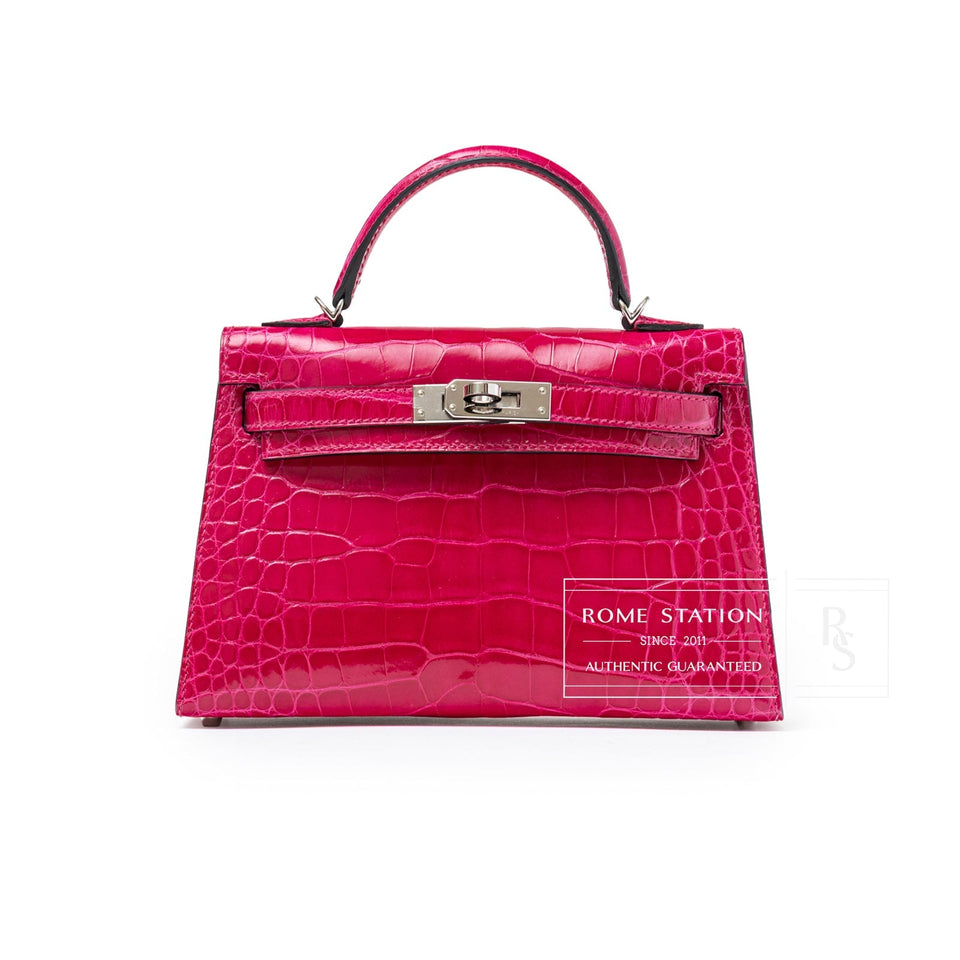 Hermes Mini Kelly II Sellier 20 Rose Mexico Shiny Alligator Palladium Hardware