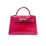 Hermes Mini Kelly II Sellier 20 Rose Mexico Shiny Alligator Palladium Hardware