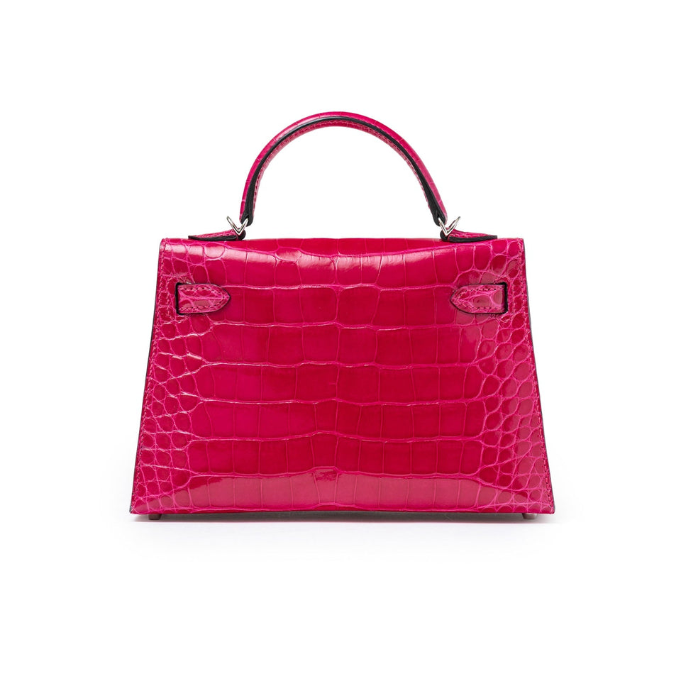 Hermes Mini Kelly II Sellier 20 Rose Mexico Shiny Alligator Palladium Hardware