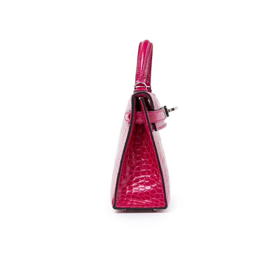 Hermes Mini Kelly II Sellier 20 Rose Mexico Shiny Alligator Palladium Hardware