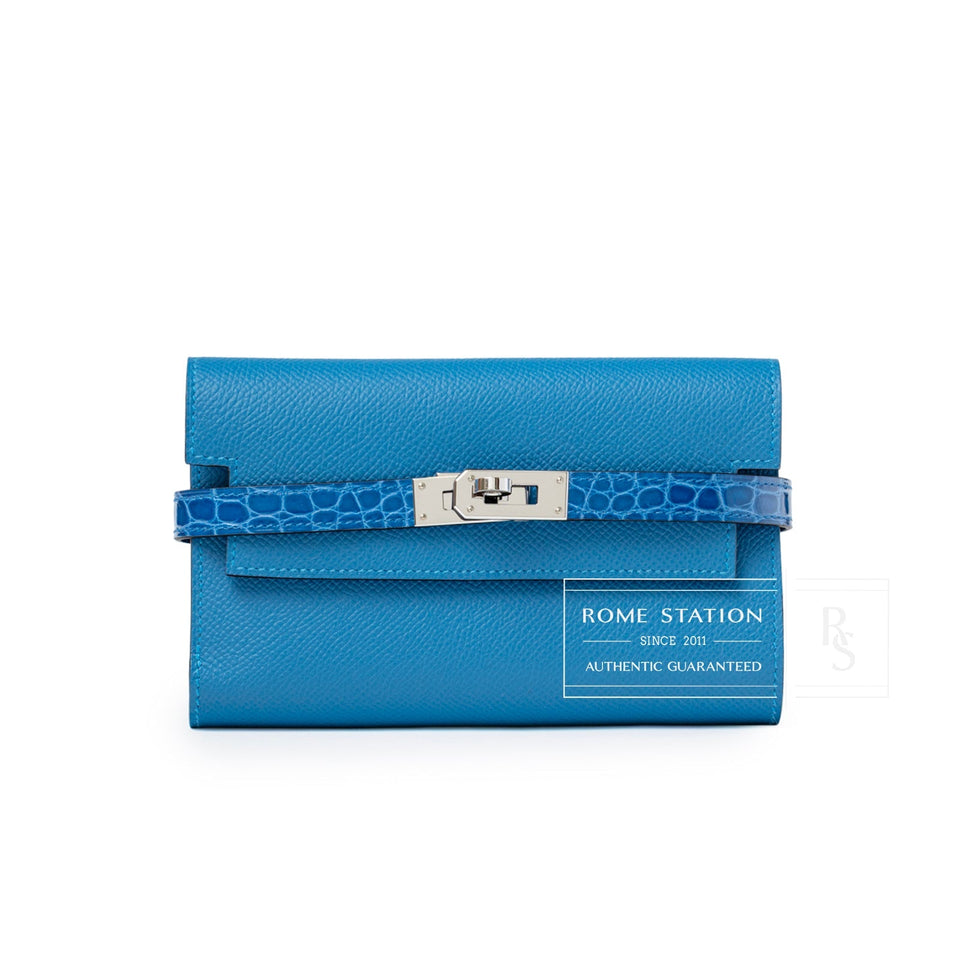 Hermes Kelly Depliant Medium Wallet Touch Mykonos/Blue Zellige Shiny Alligator/Epsom Palladium Hardware