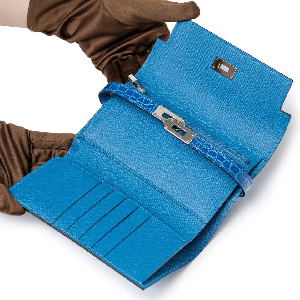 Hermes Kelly Depliant Medium Wallet Touch Mykonos/Blue Zellige Shiny Alligator/Epsom Palladium Hardware
