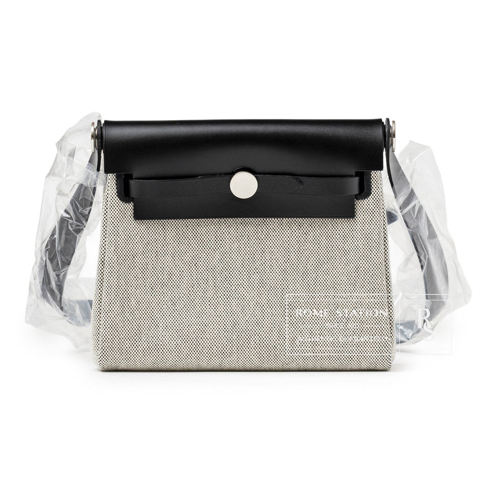Hermes Mini Herbag Zip 20 Ecru/Black Toile and Vache Hunter Palladium Hardware